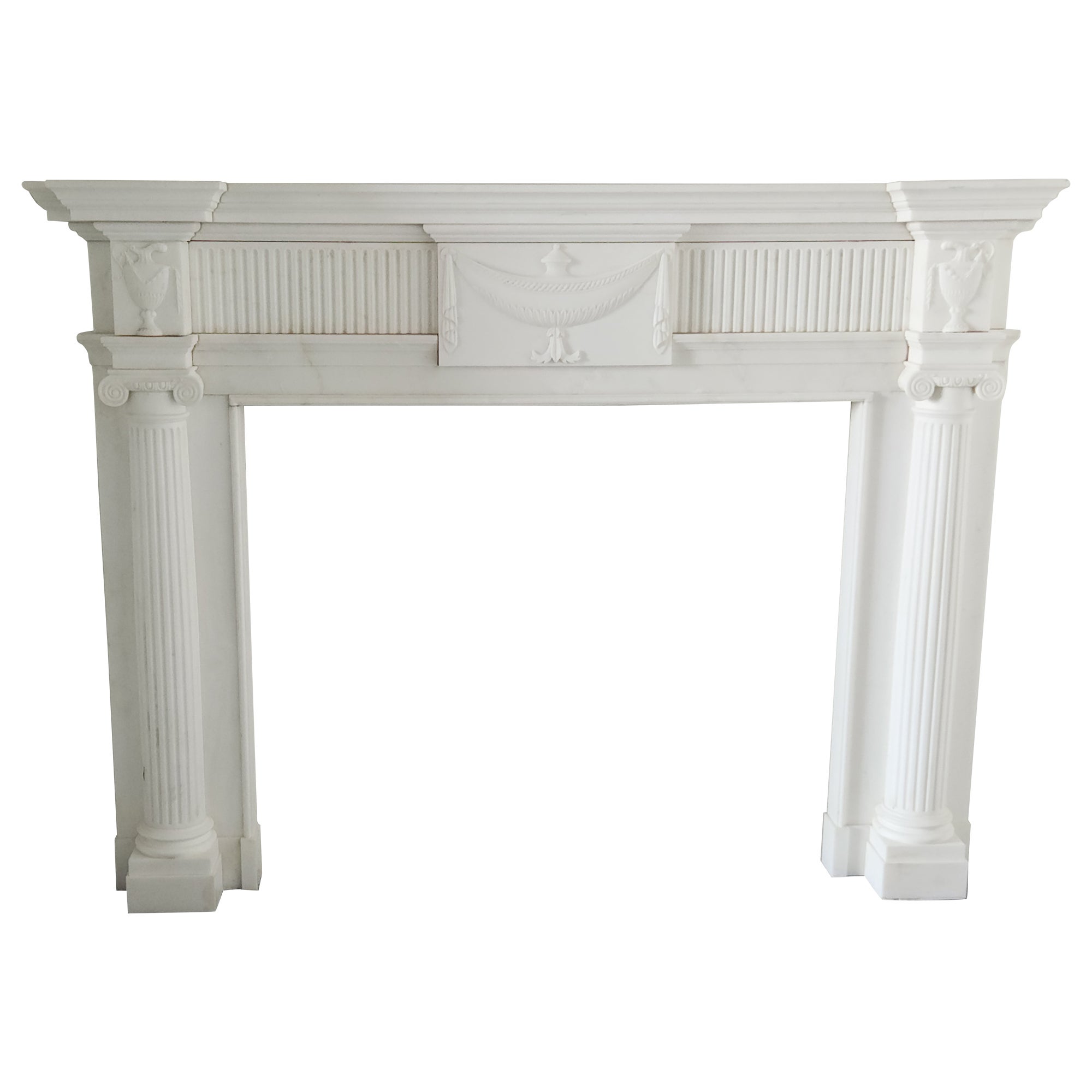 Hand-Carved White Marble Fireplace Mantel with Fluting in the Regency Style For Sale