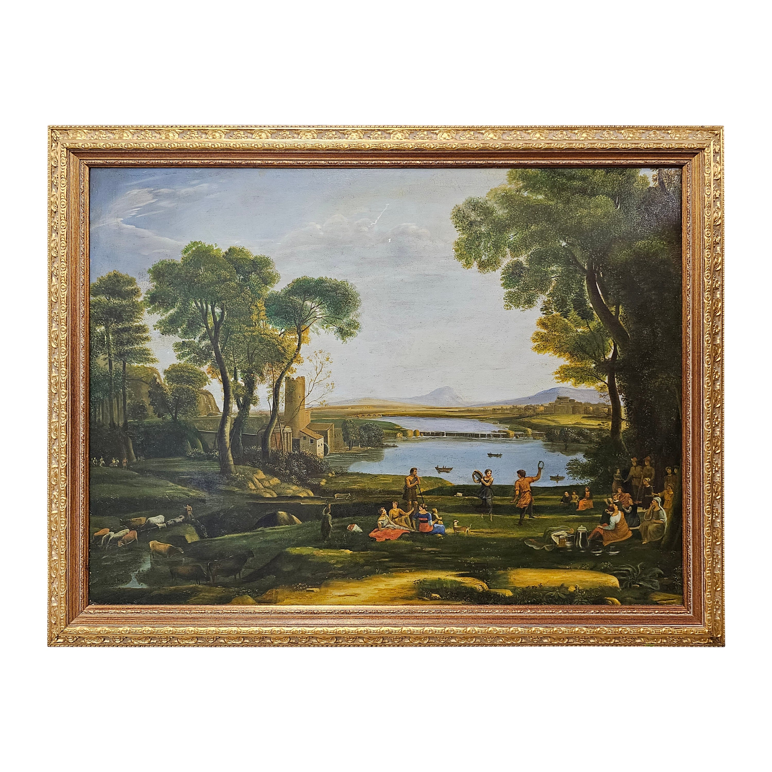 20th Century School, Entertainment Landscape Beside A River, Oil On Canvas Frame For Sale