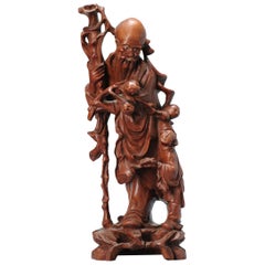 Antico cinese scolpito a mano in legno Statua di Shou Lao, XIX secolo
