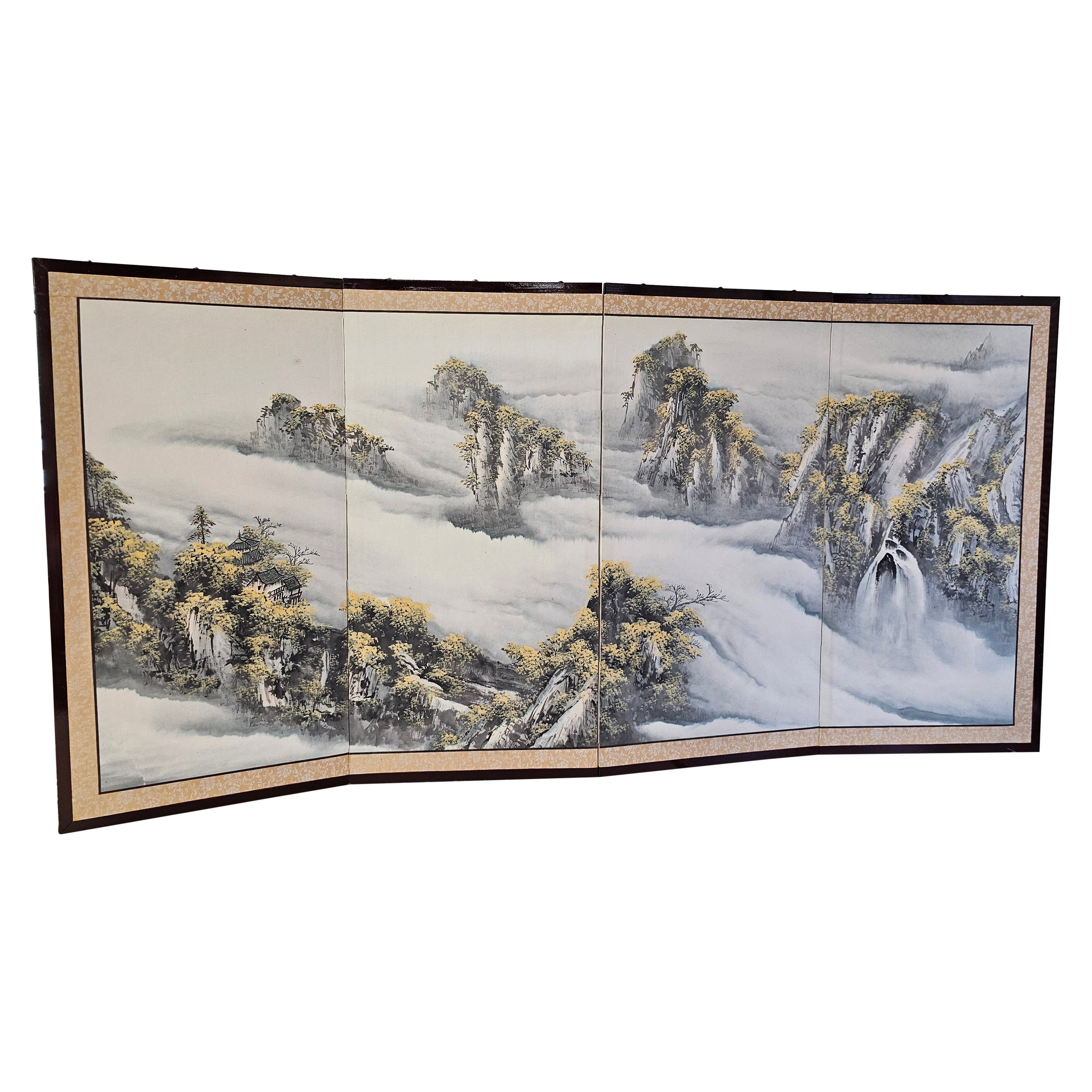 Asian Hand-Painted Four Panel Upholtered and Framed Table Screen / Divider For Sale
