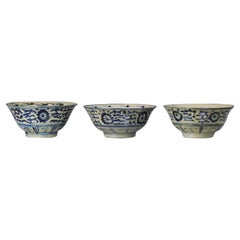 Antique Set of 3 Large Chinese Porcelain Kitchen Qing Bowls South East Asia, 19th Cen