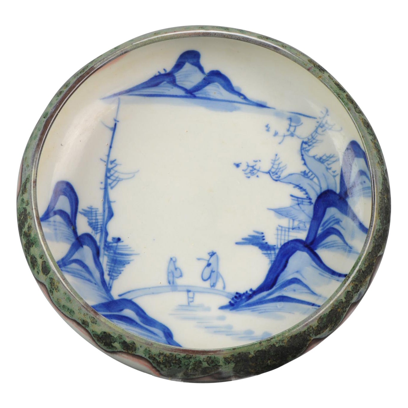 Rare Japanese Porcelain Bowl Serving Dish Landscape Unusual Figure, ca 1900 For Sale