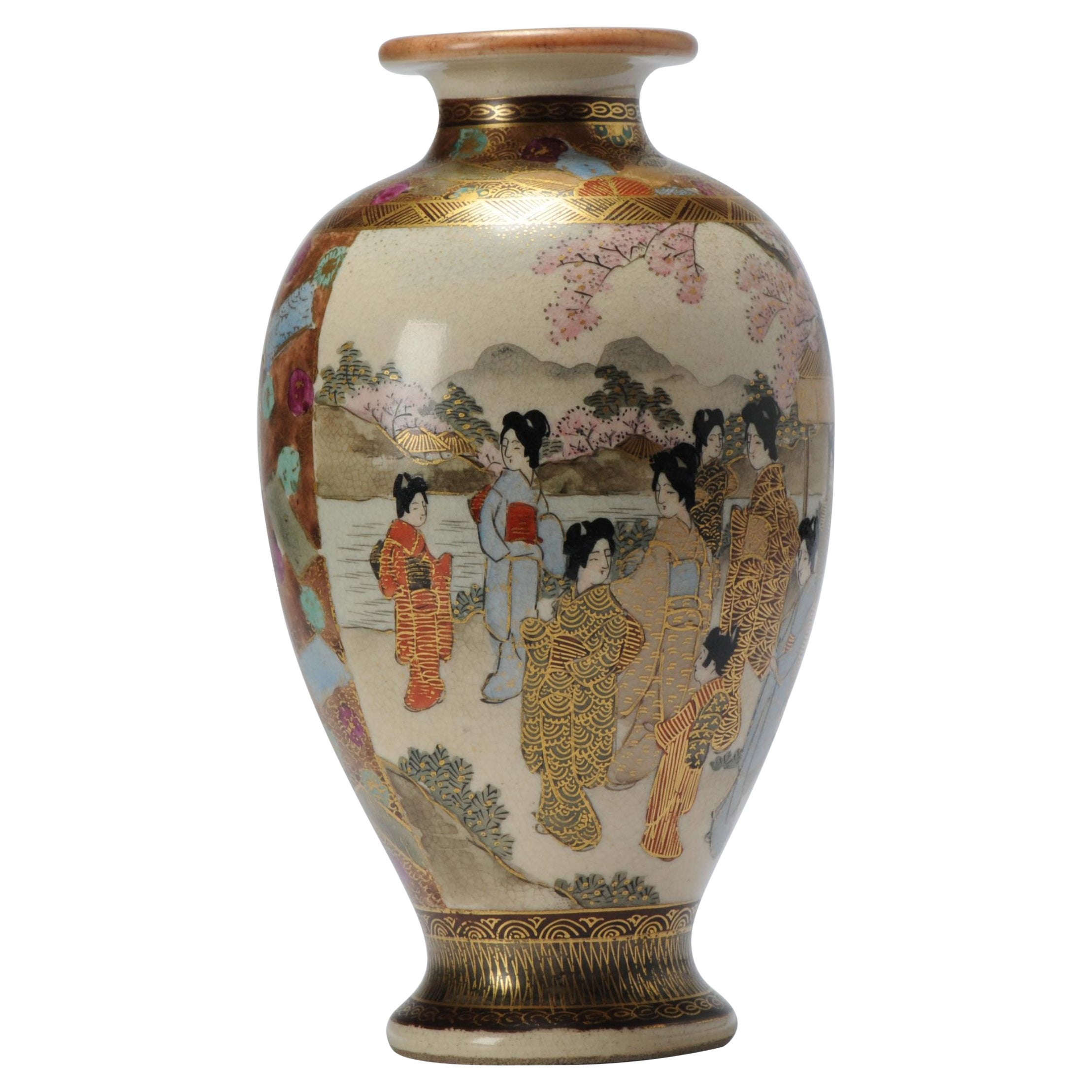 Antique Satsuma Vase with Geishas/Elegant Ladies in Landscape/Pagode Scene For Sale