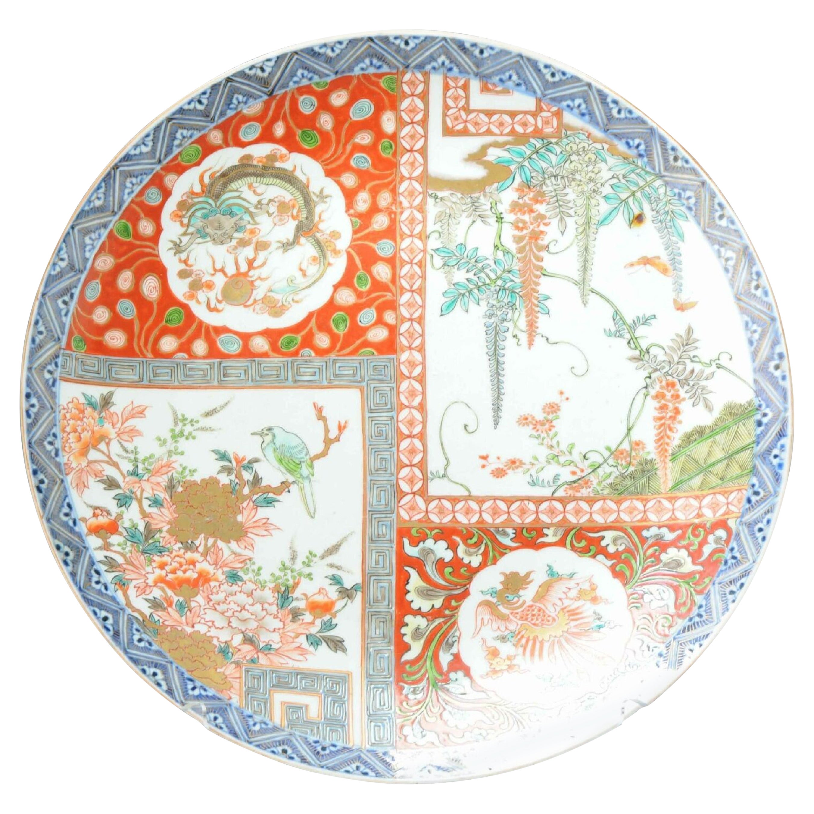 Antique Japanese Arita Imari Charger with Wisteria and Bird, 19th Century For Sale