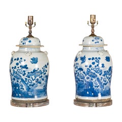 Pair of Asian Blue and White Porcelain Jars Made into Wired Table Lamps