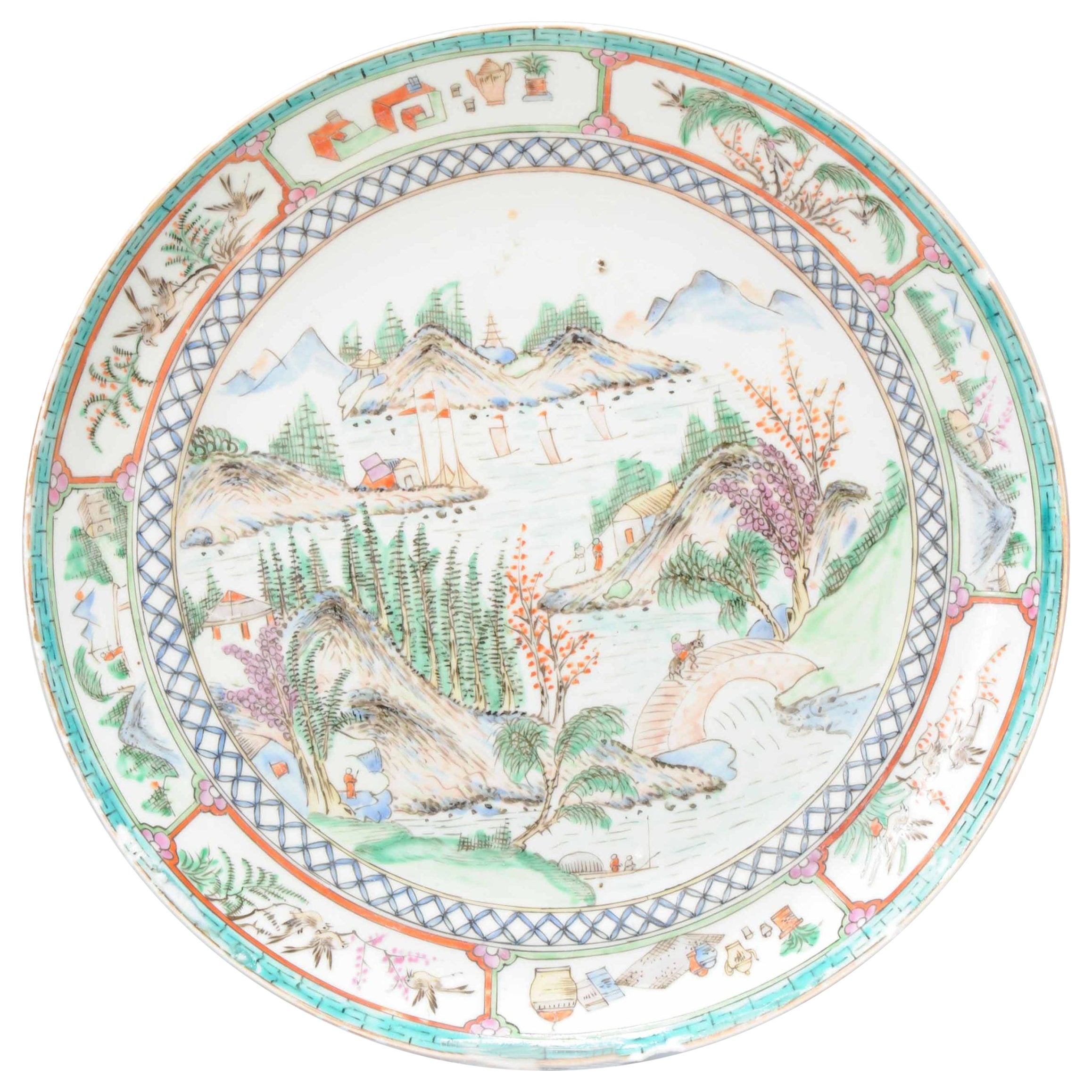 Antique Chinese Porcelain Cantonese Dish Figures and Landscape, 19th Century