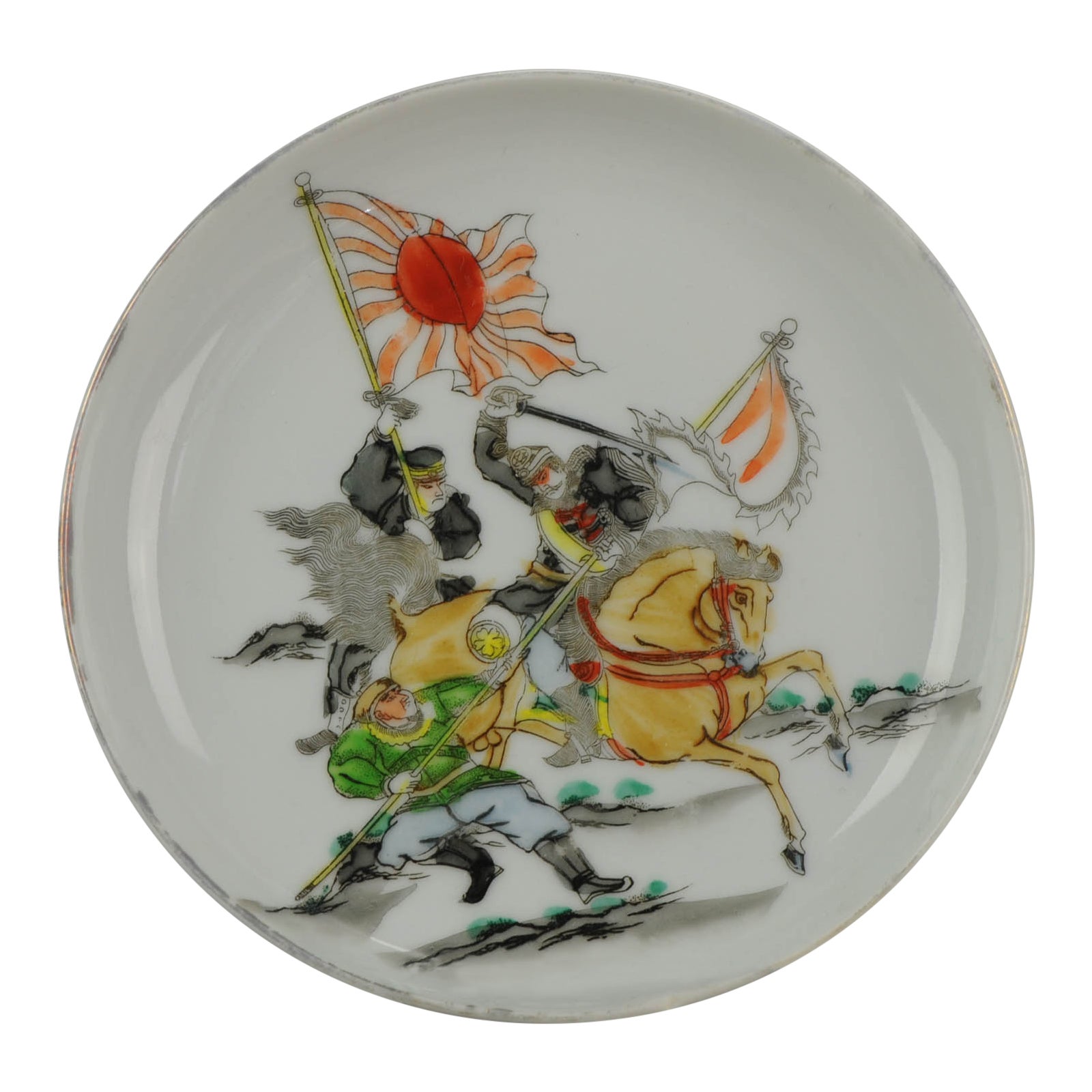 Antique Japanese Warrior Plate Arita Japan Porcelain Blindmark, 19/20th Century For Sale