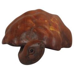 Used Box Wood Netsuke Turtle Mushroom Japanese Japan Signed, 20th Century