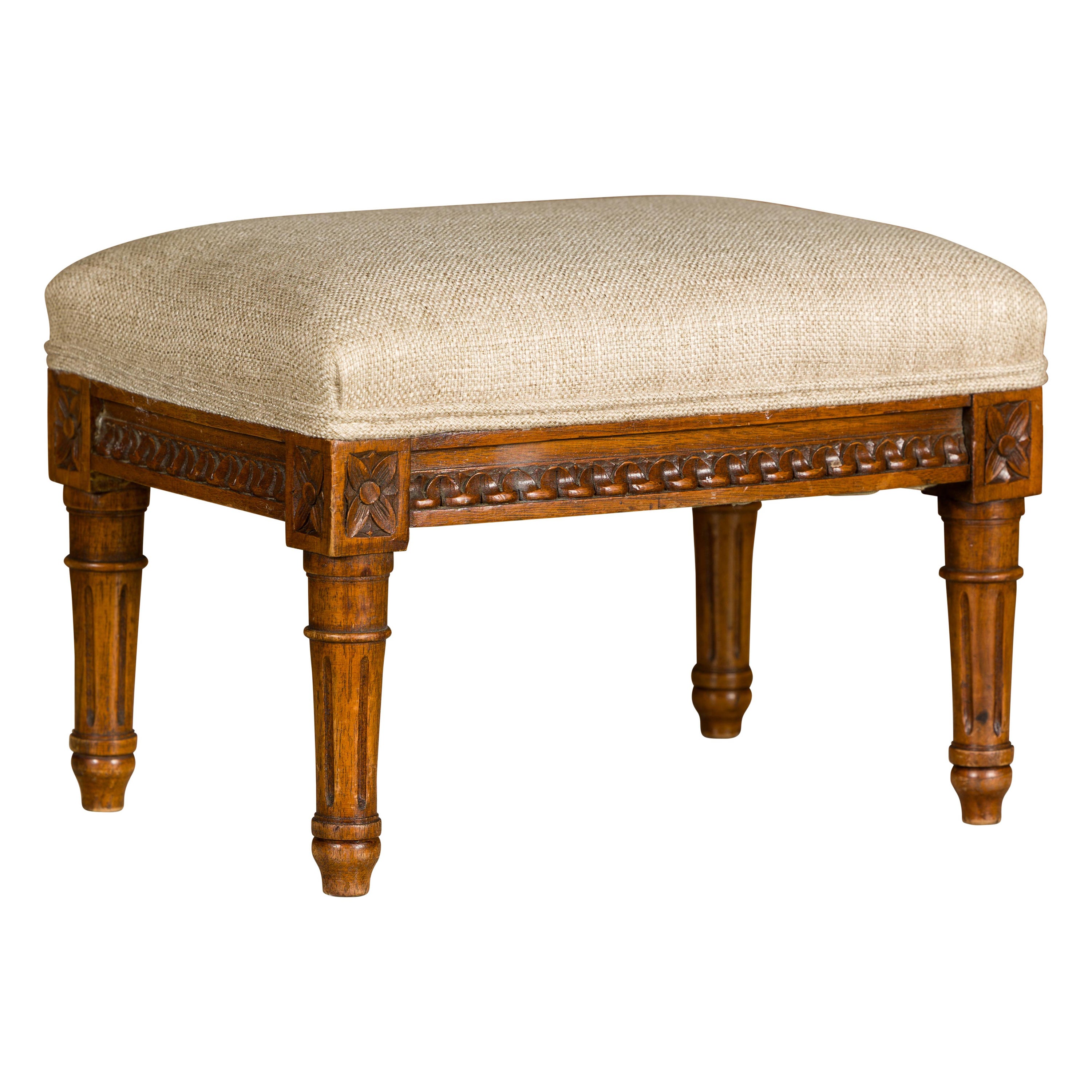 Louis XVI French 1900s Footstool with Carved Rais de Cœurs and Rosettes For Sale