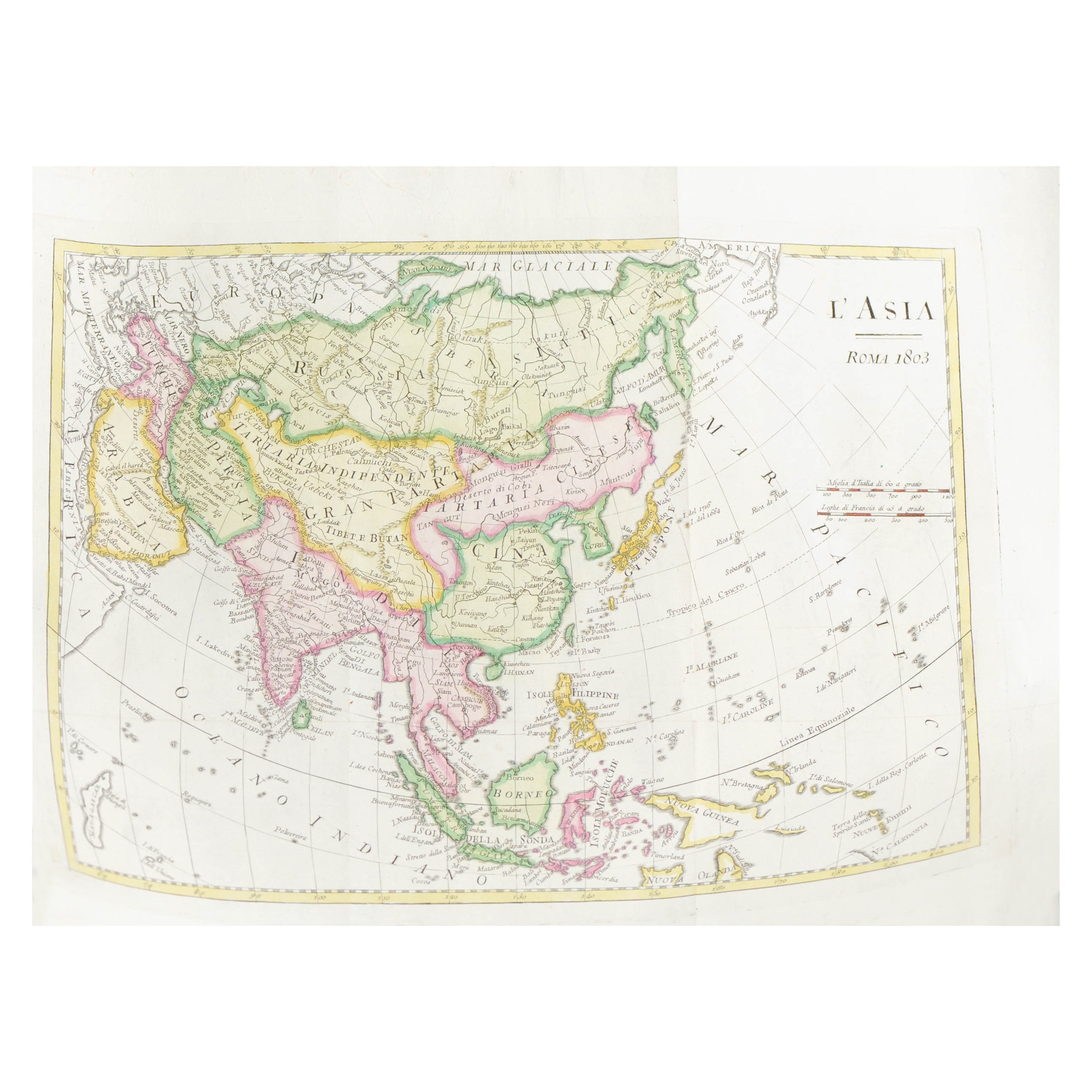 Ancienne carte italienne d'Asie comprenant la Chine, l'Indonésie et l'Inde, 1803