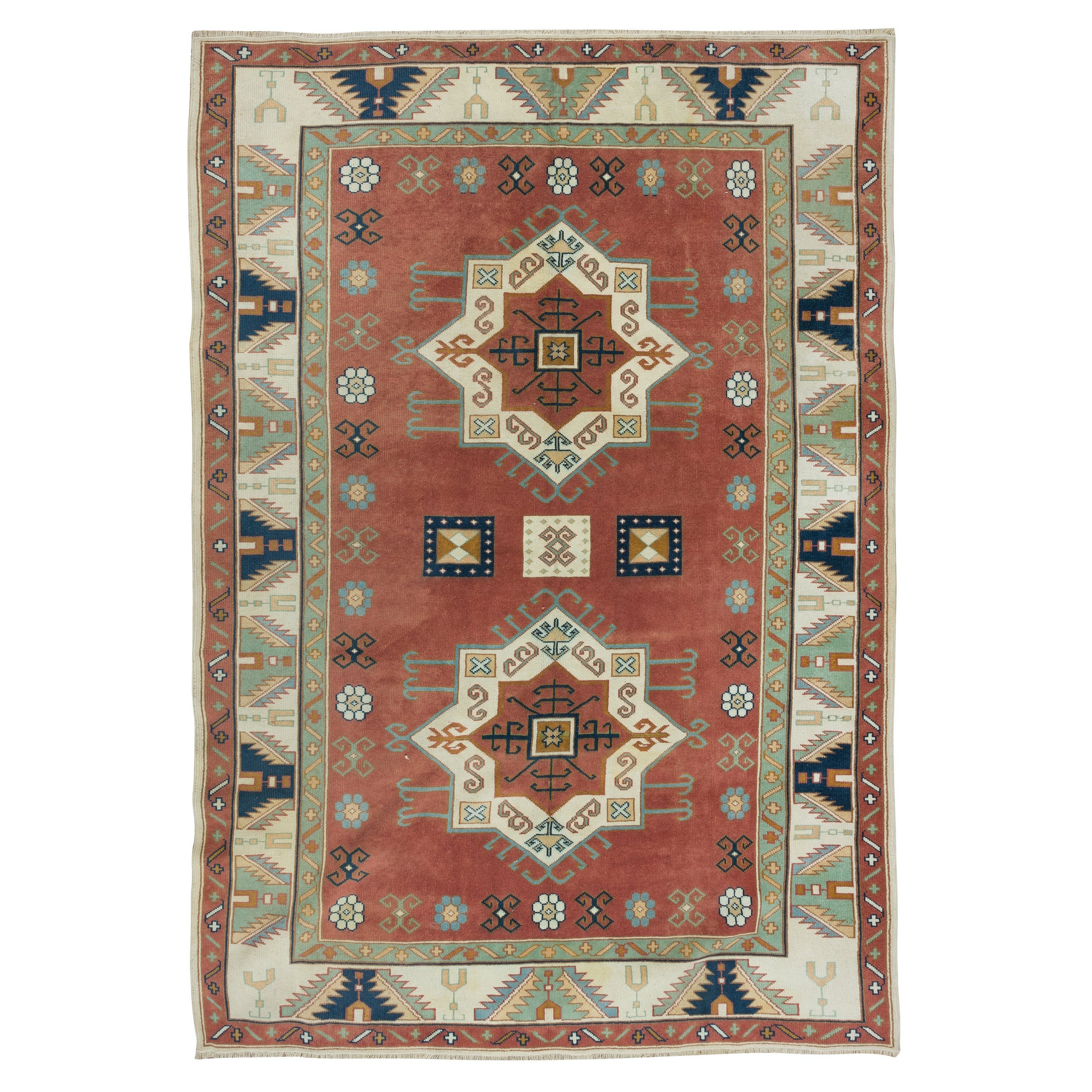 6.8x10 Ft Handmade Geometric Design Turkish Area Rug, Vintage Wool Carpet in Red For Sale