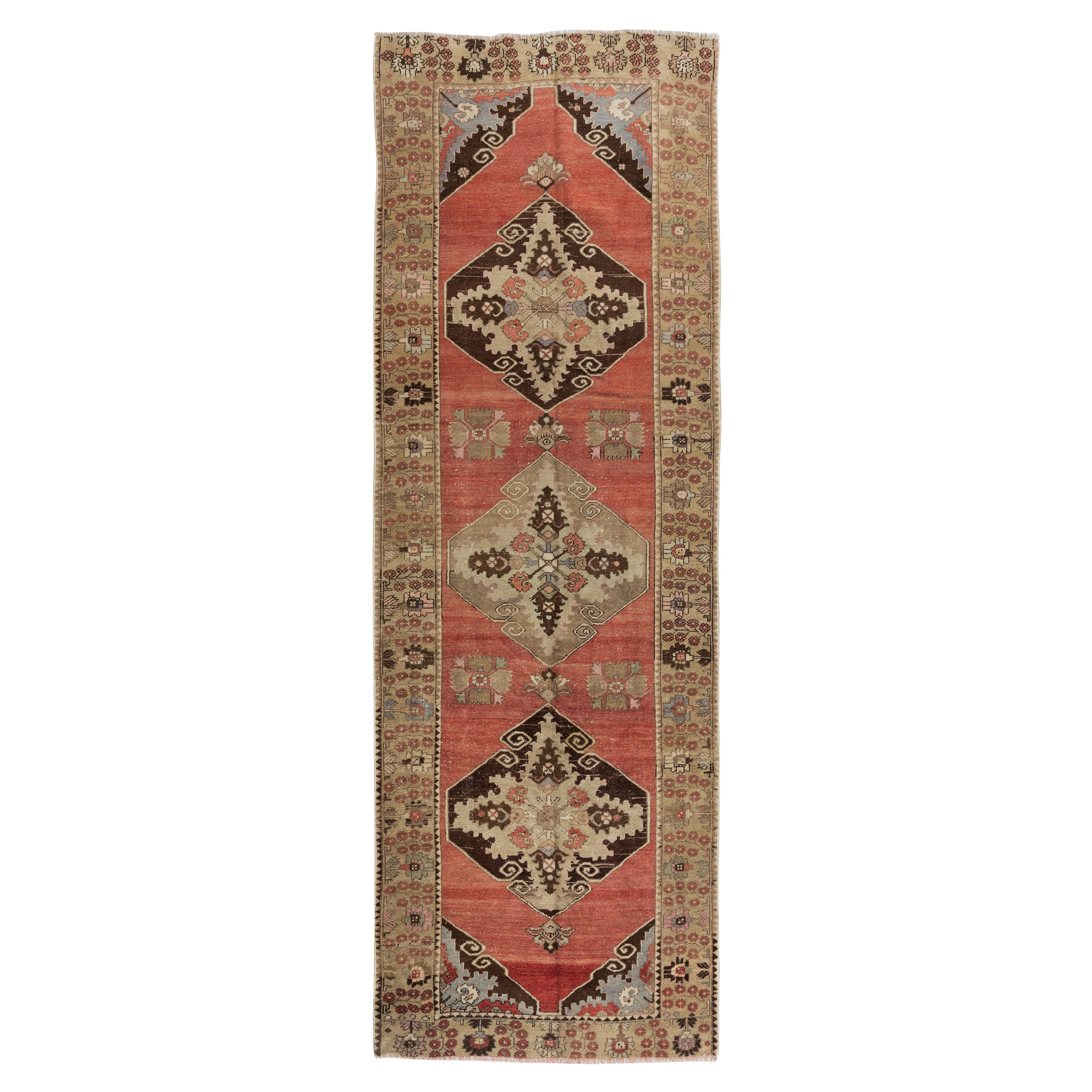 3.5x10 Ft Traditional Hand Knotted Anatolian Runner Rug for Hallway, Circa 1960 For Sale