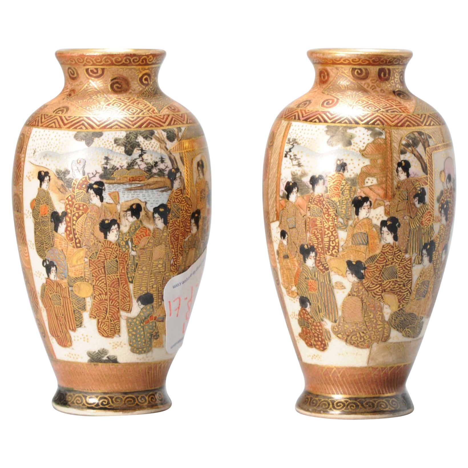 Pair of Antique Meiji Period Japanese Satsuma Vases Figural Decoration Marked For Sale
