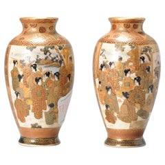 Pair of Antique Meiji Period Japanese Satsuma Vases Figural Decoration Marked