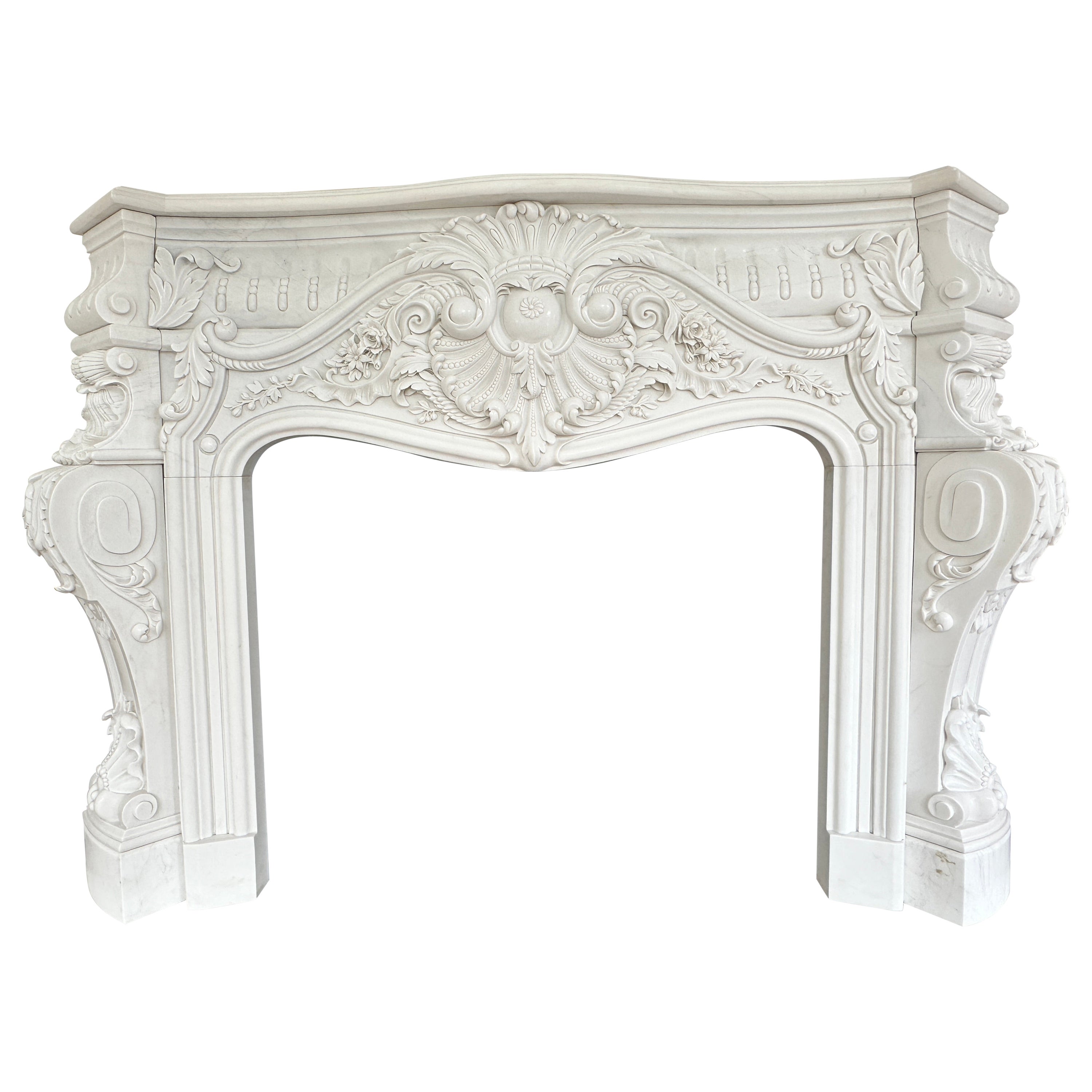 A Very large Reclaimed French Rococo White Marble Fireplace For Sale