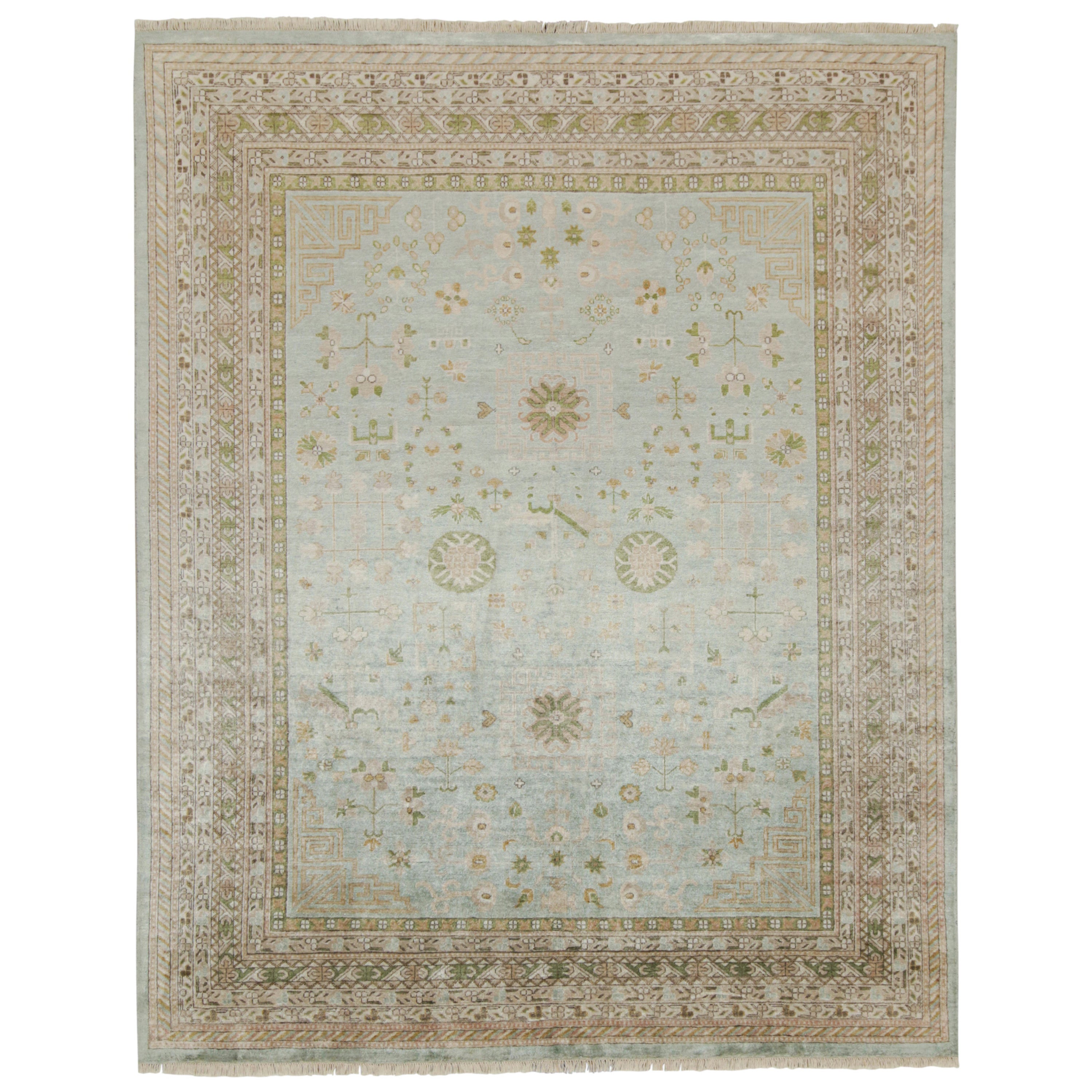 Rug & Kilim's Teppich im Khotan-Stil mit blauem und braun-beigefarbenem geometrischem Muster