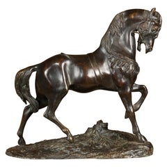 Vintage Antoine-Louis Barye Bronze Horse Sculpture with Left Foot Raised and Dark Patina