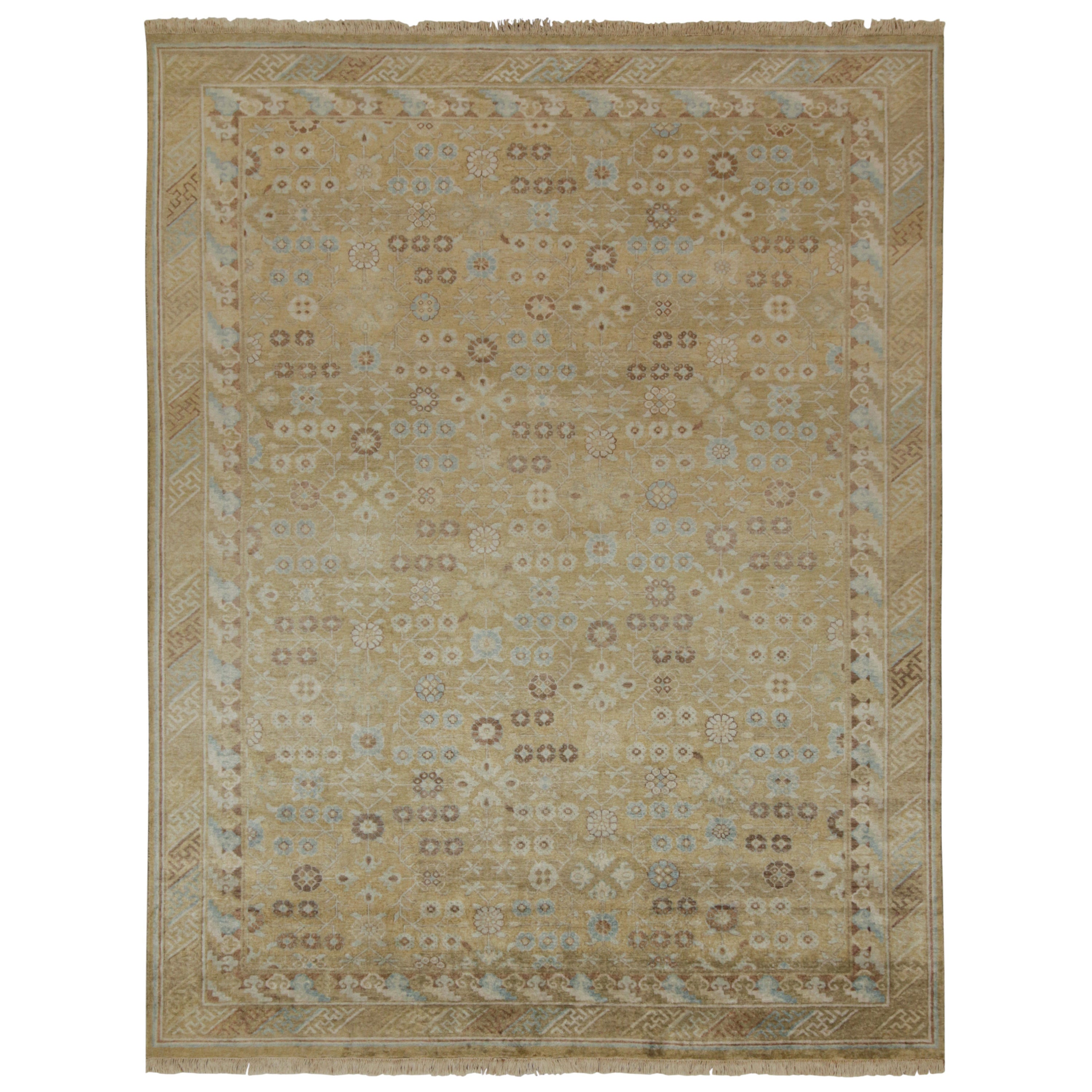 Rug & Kilim's Teppich im Khotan-Stil mit blauem und braun-beigefarbenem geometrischem Muster
