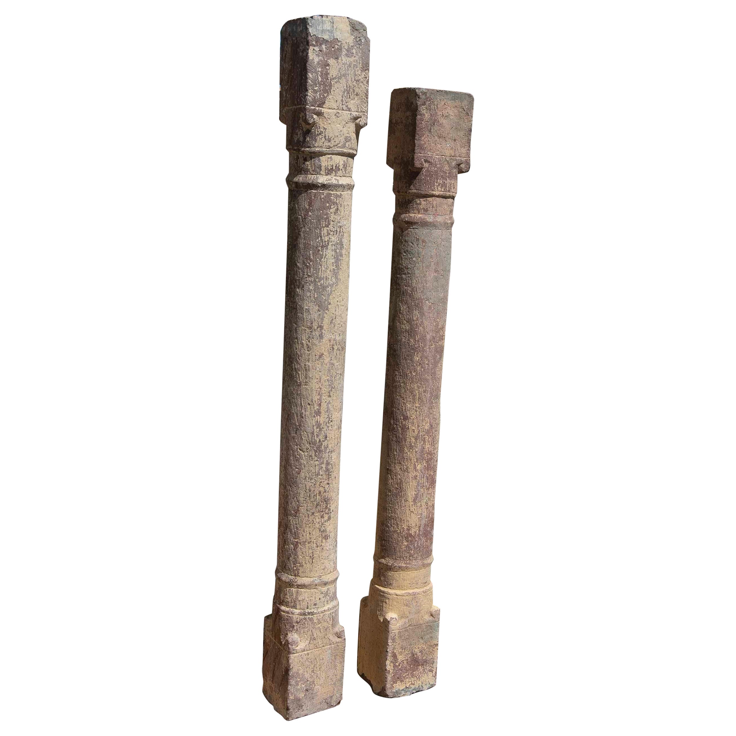 19th Century Pair of Hand-Carved Stone Columns