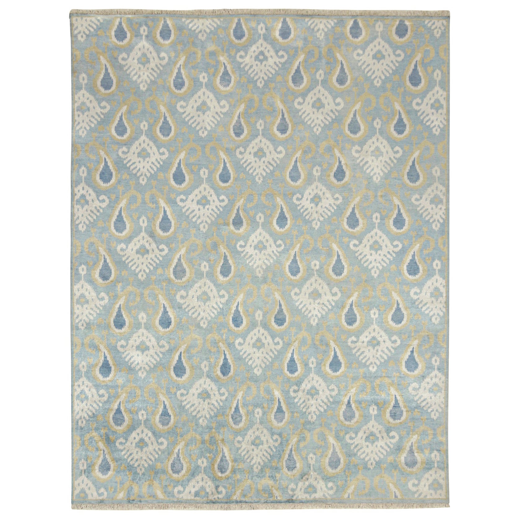 Rug & Kilim’s Classic Ikats Style Rug with Gold, White and Blue Patterns For Sale