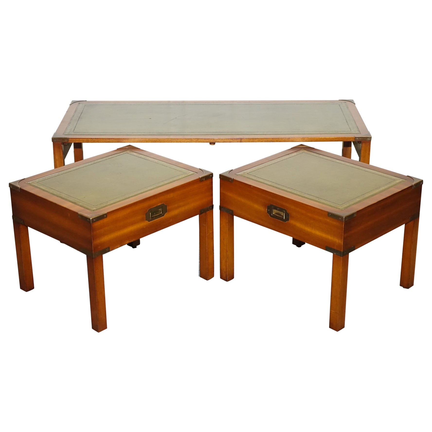 BEVAN FUNNELL COFFEE TABLE WITH TWO SiDE UNDER TABLES GREEN LEATHER TOP