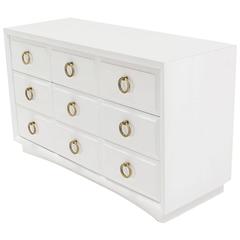 Robsjohn-Gibbings White Lacquer Five-Drawers Chest or Dresser Round Brass Pulls