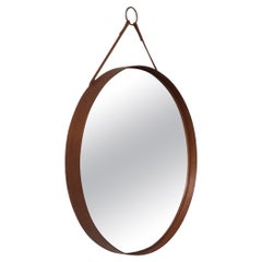 Round mirror 'Model nr 103' in teak & leather by Glasmäster in Markaryd, Sweden