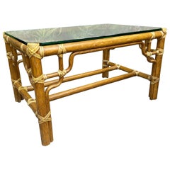 McGuire Rattan Fretwork Chinese Chippendale Chinoiserie Glass Top Coffee Table