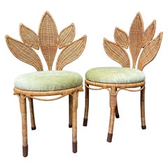 Woven Wicker Foliate Leaf Form Chairs, Brunschwig & Fils Velvet, A Pair