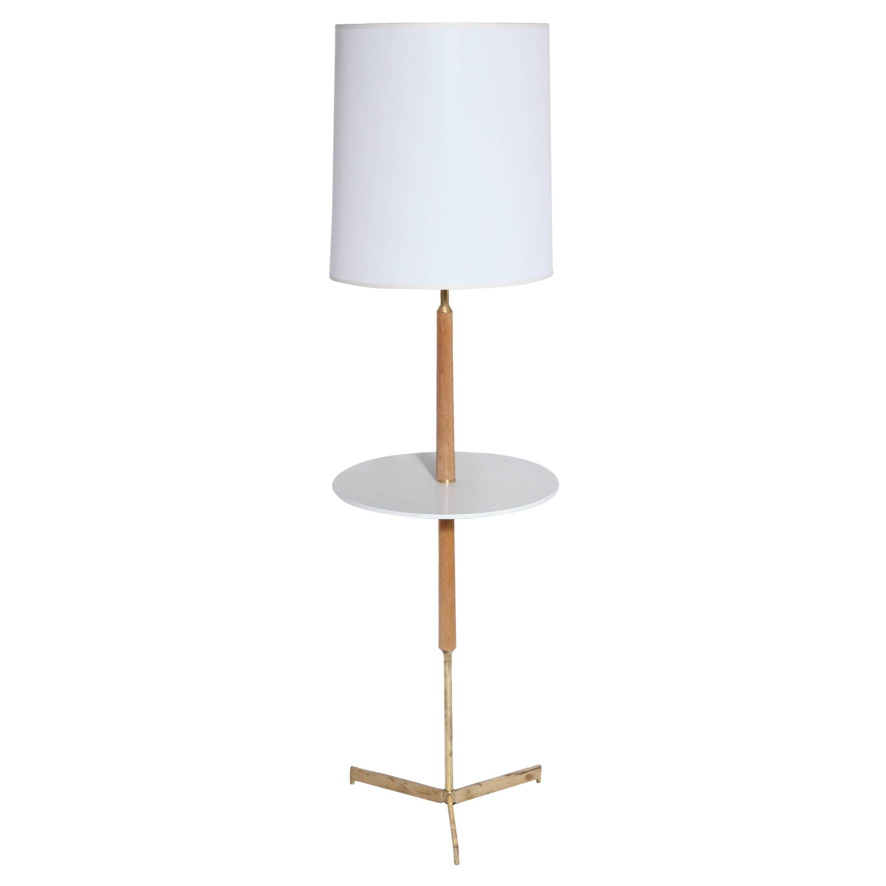 McCobb Style Bleached Mahogany, Micarta & Brass Side Table Floor Lamp, 1950's For Sale