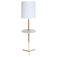 Paul McCobb Style Bleached Mahogany, Micarta & Brass Side Table Floor Lamp