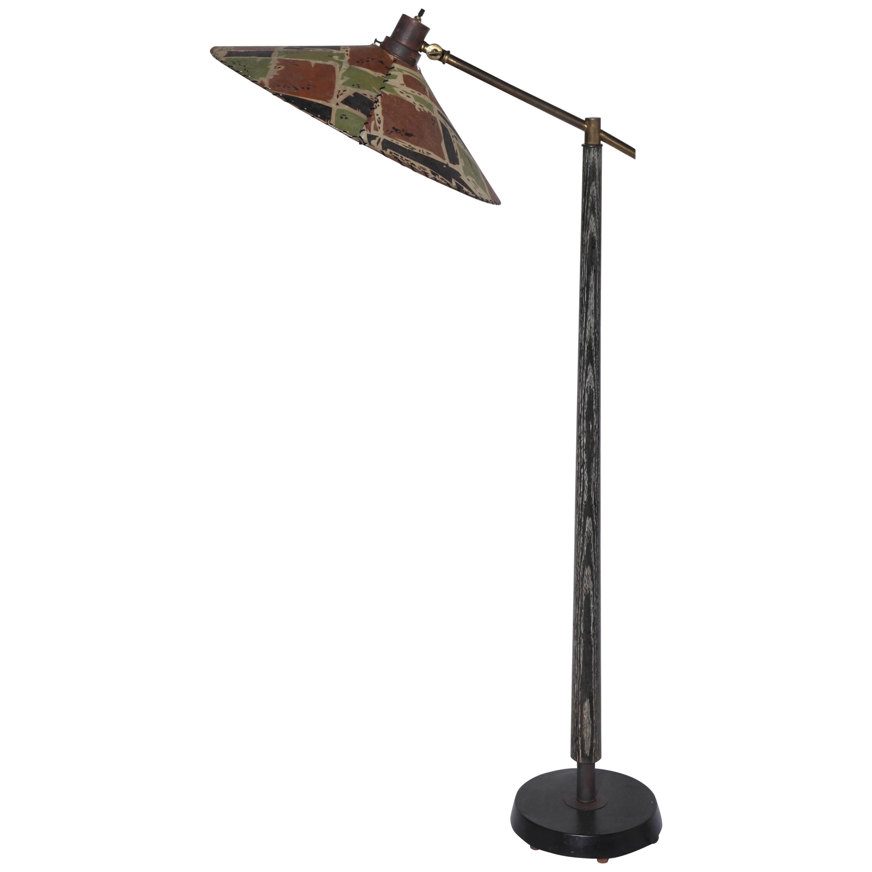 Max Kment Style Ebonized Floor Lamp with Tilt "Rice Hat" Camouflage Shade, 1950s For Sale