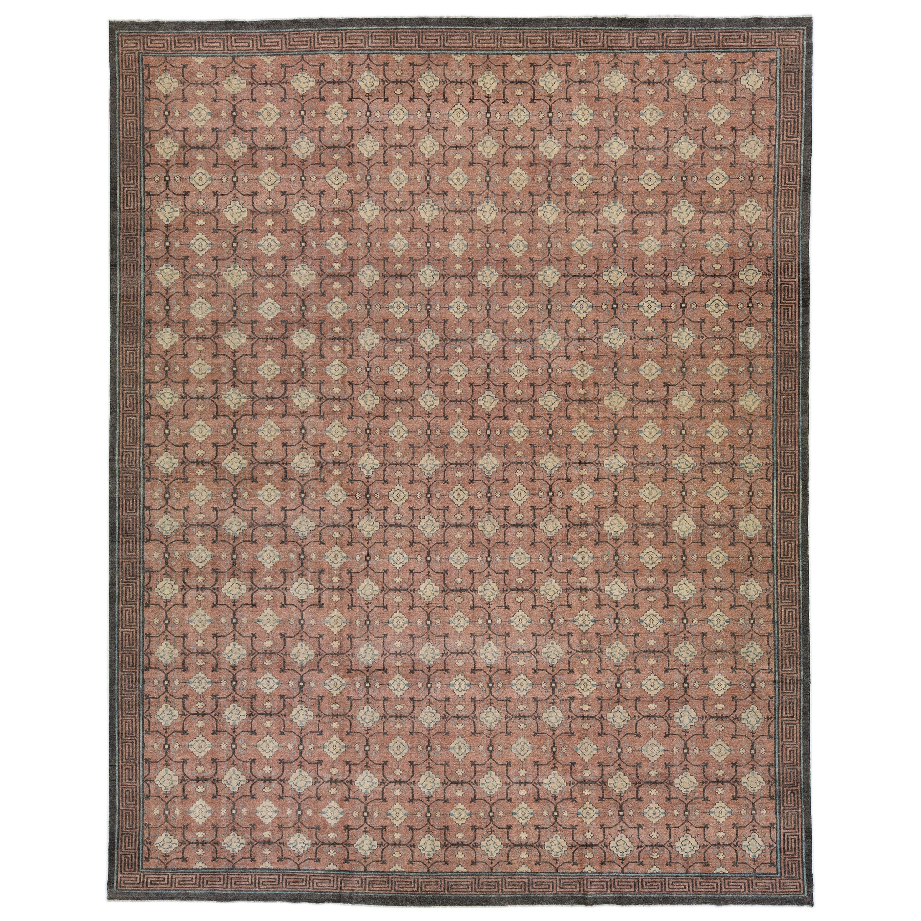 Handmade Khotan Style Modern Wool Rug With Geometric Design In Brown
