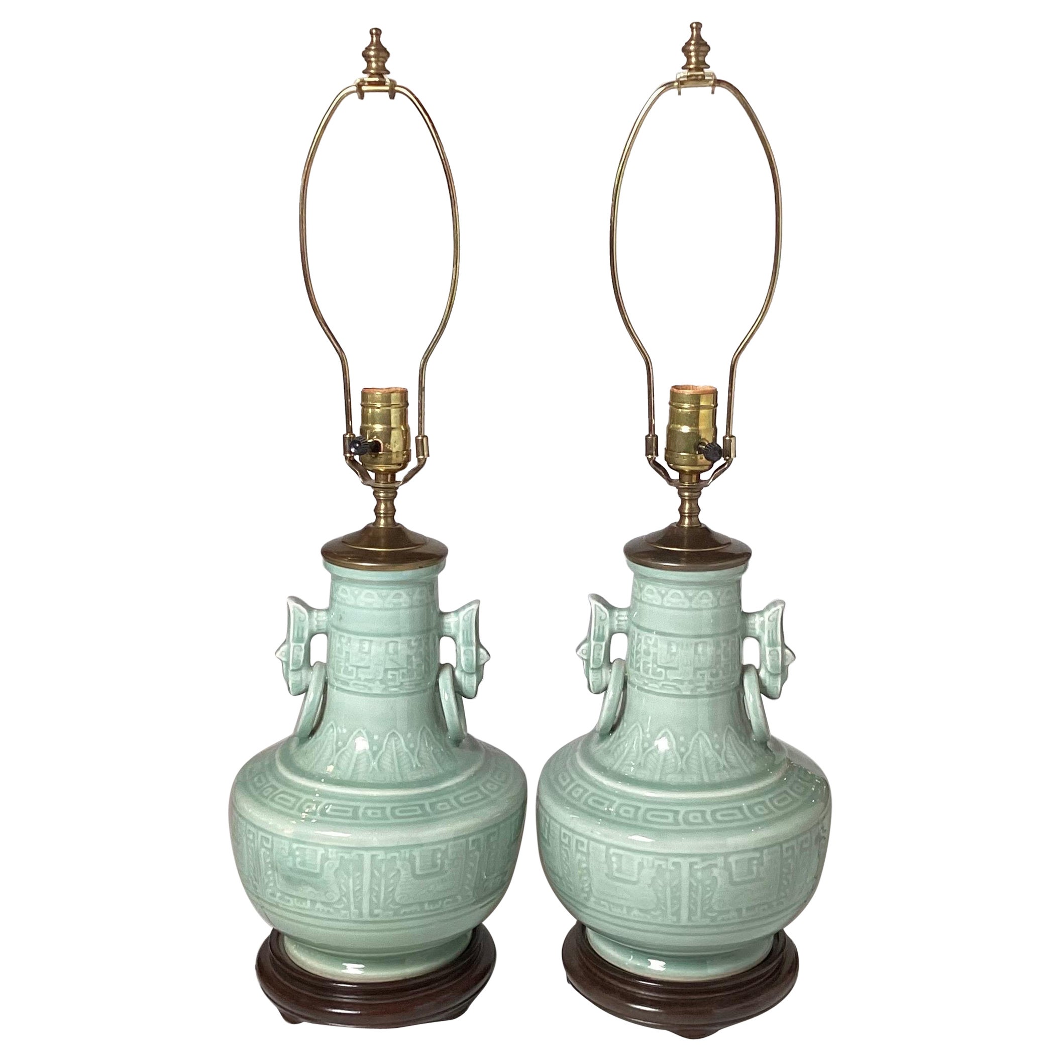 Pair of Asian Style Celadon Table Lamps For Sale