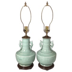 Retro Pair of Asian Style Celadon Table Lamps