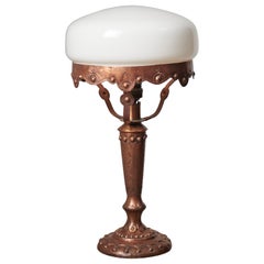 Antique Swedish Art Nouveau Brass and Opaline Glass Table Light 