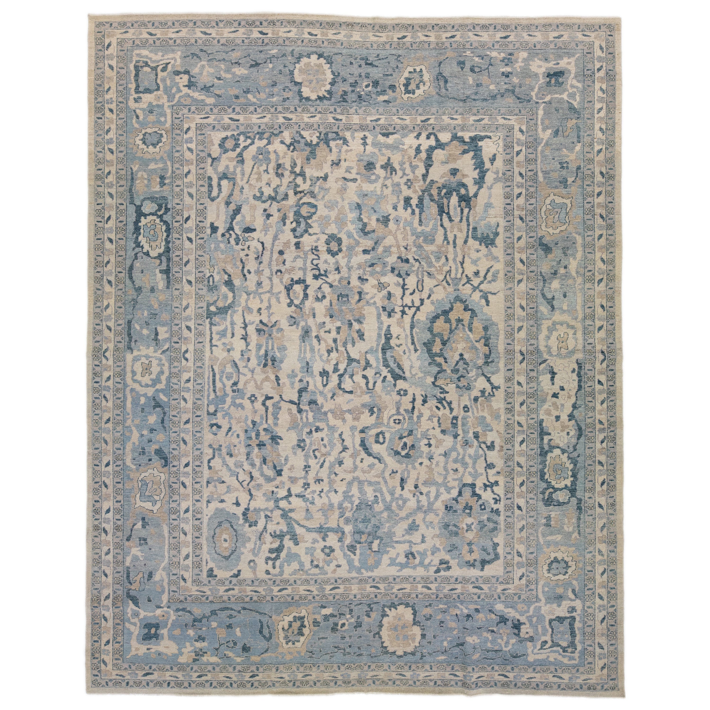 Beige Modern Khotan Style Wool Rug With Allover Blue Design For Sale