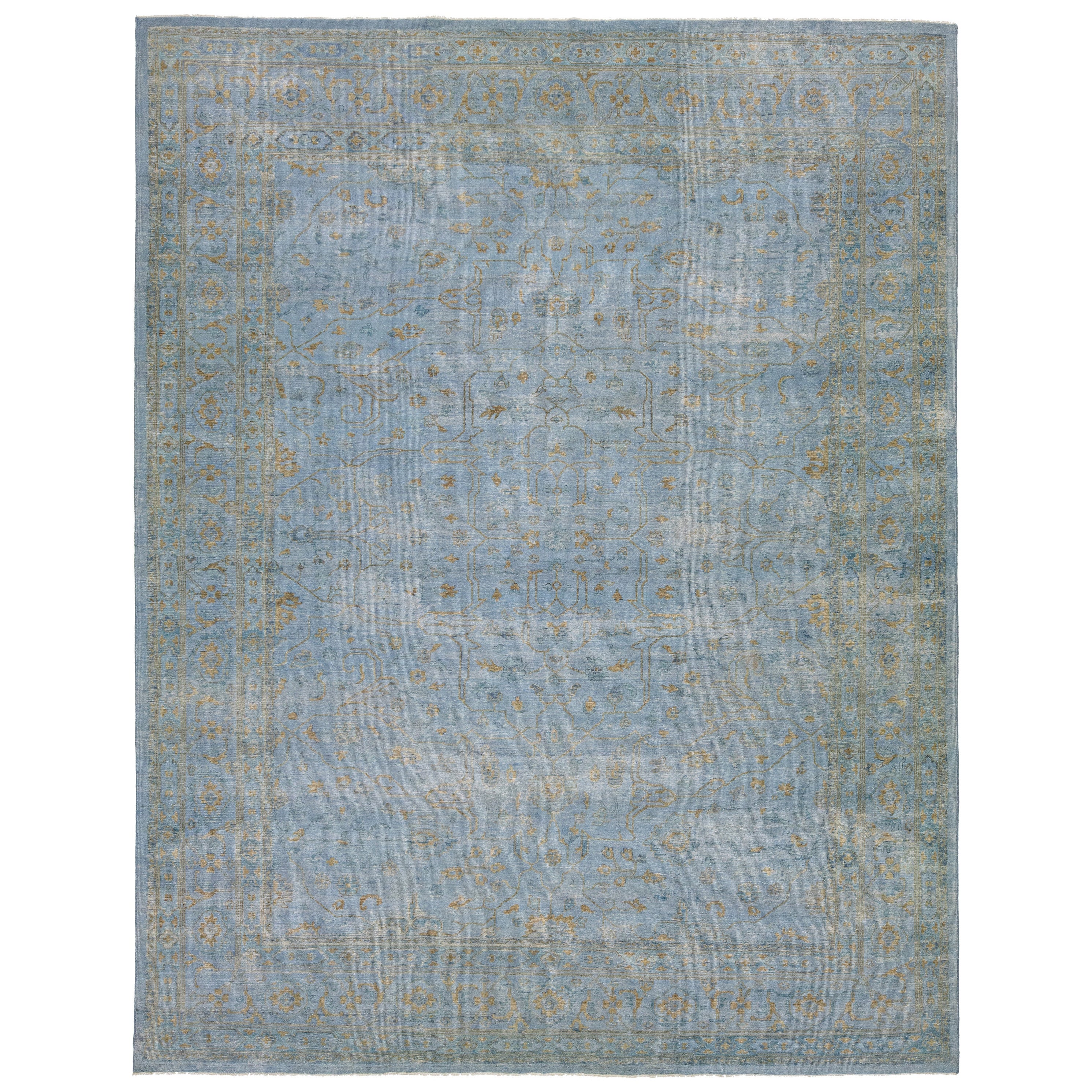 Handmade Contemporary Oushak style Wool Rug with Blue and Gold Field For Sale