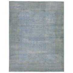 Handmade Contemporary Oushak style Wool Rug with Blue and Gold Field
