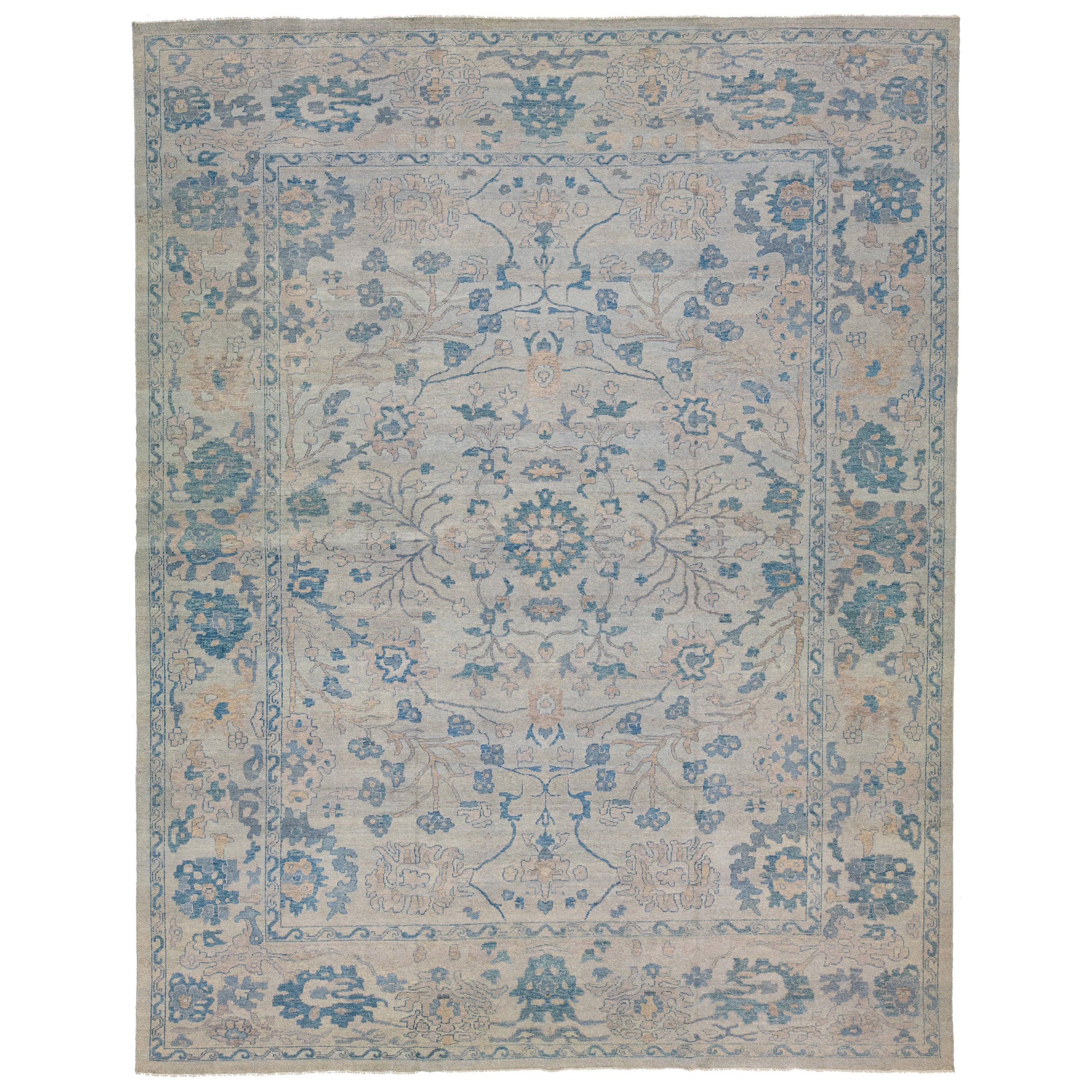 Beige Contemporary Floral Oushak style Wool Rug For Sale