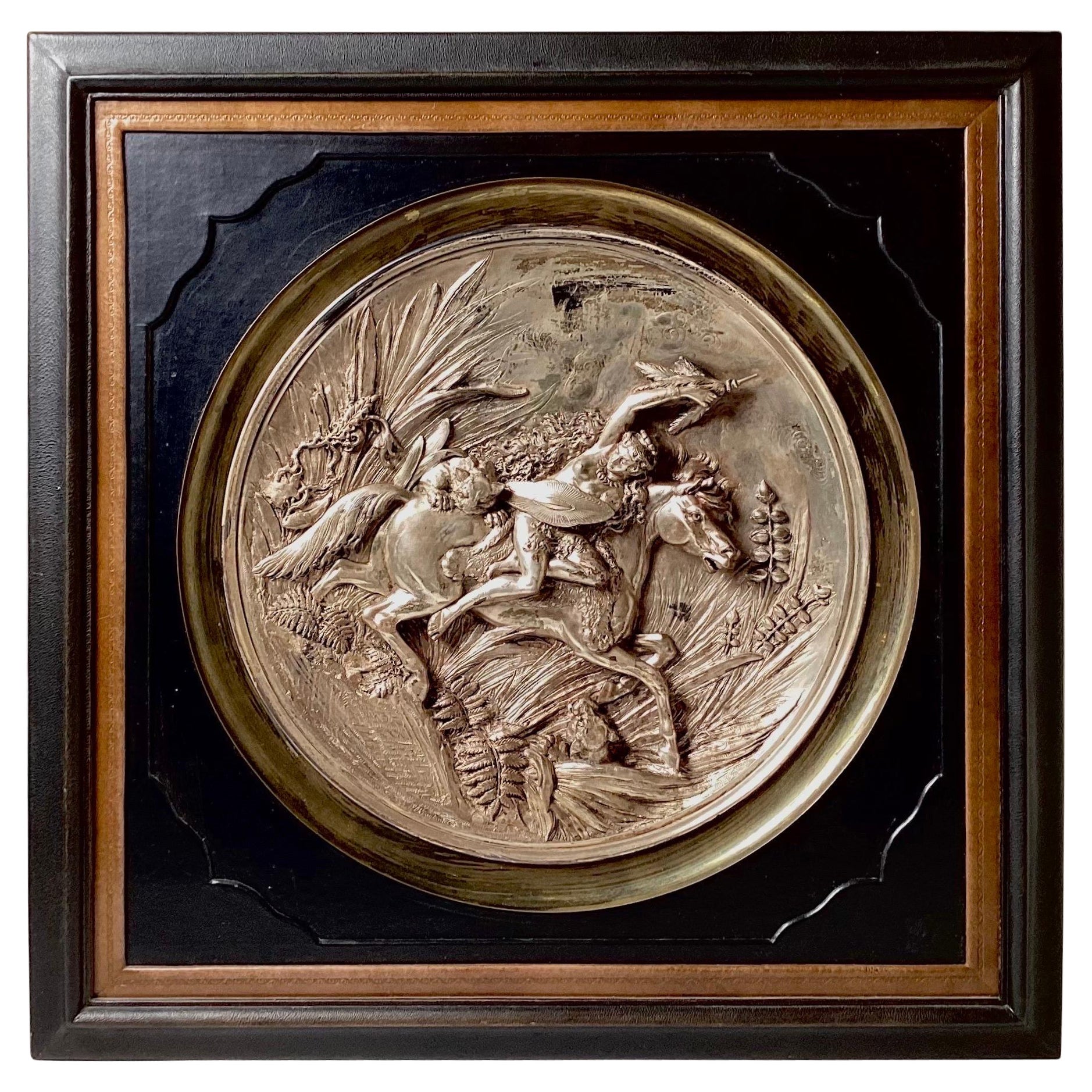 An Antique English Silvered Bronze Equestrian Framed Frieze  For Sale