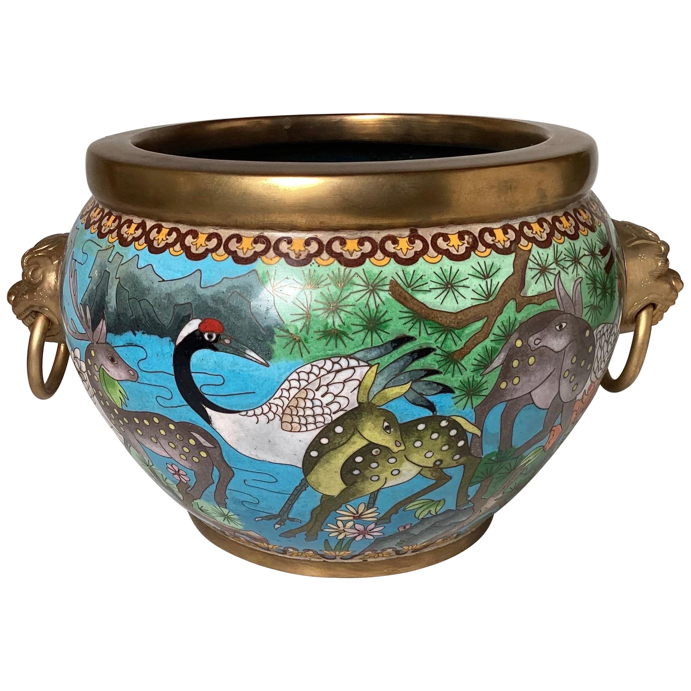 Old Chinese Cloisonné Jardinière With Floral and Wildlife Motif  For Sale