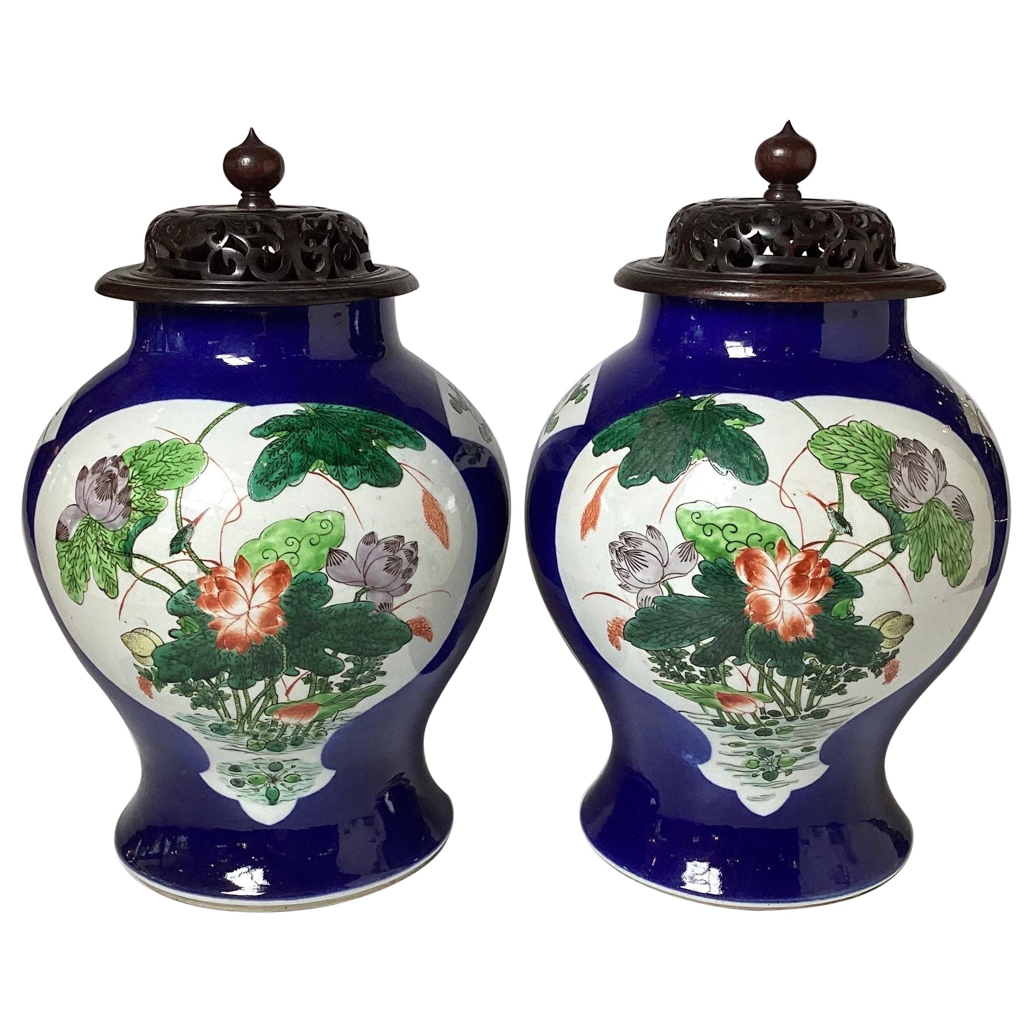 A Pair of Antique Vibrant Blue Chines Porcelain Jars with Wood Lids For Sale