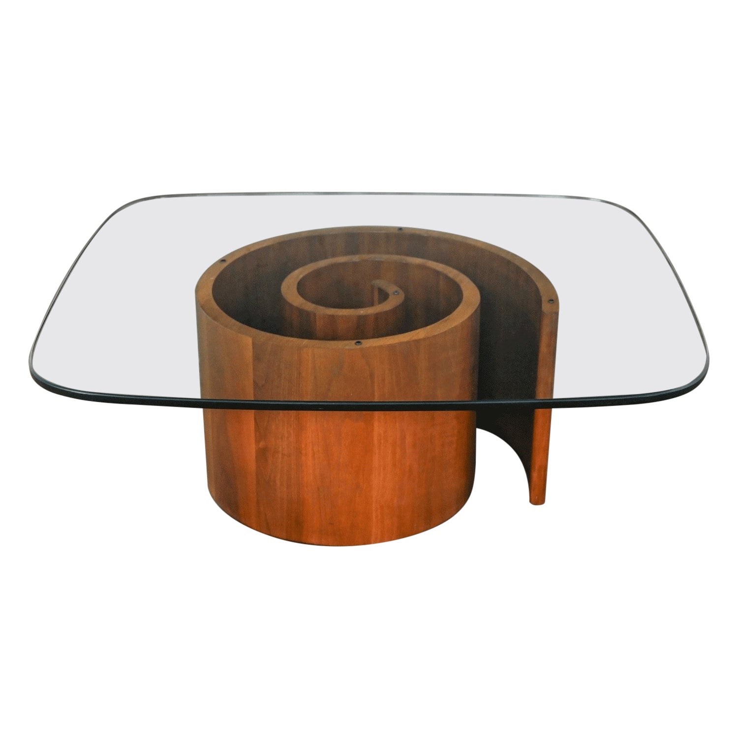 Mid-Century Modern Coffee Table Walnut Spiral or Snail Pedestal with Glass Top For Sale