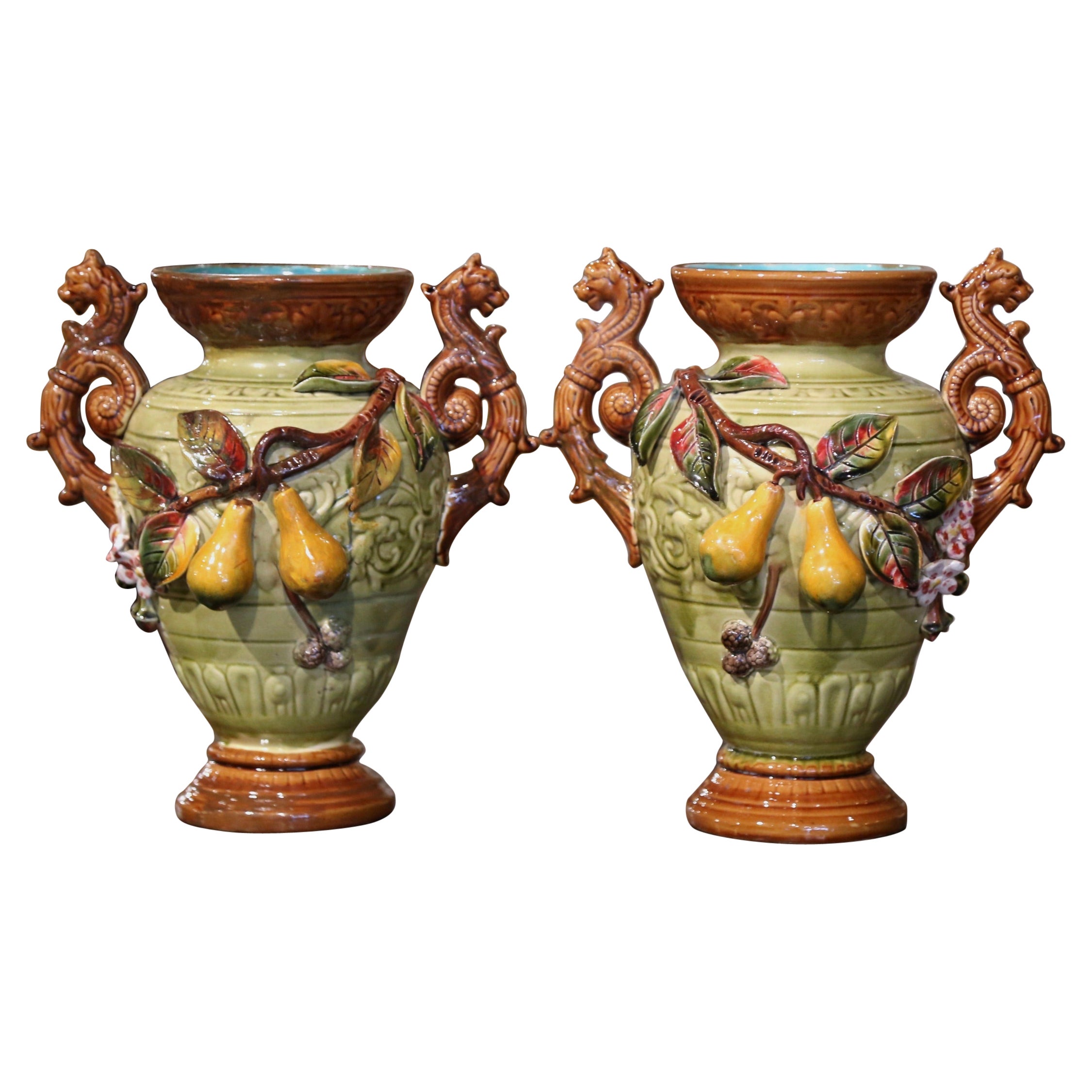 Pair 19th Century French Hand Painted Barbotine Ceramic Vases with Fruit Motifs For Sale