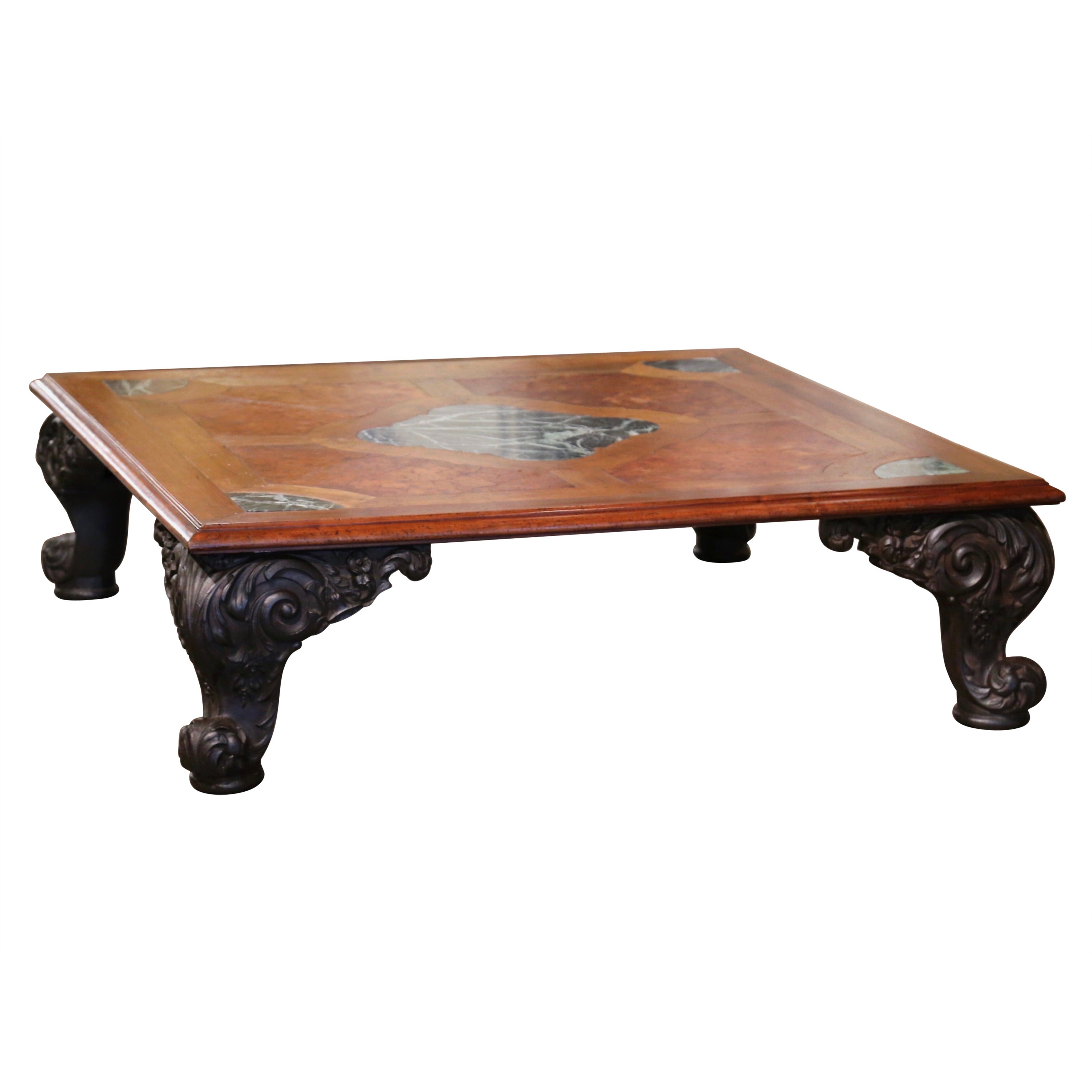 Mid-Century French Regence Marquetry Walnut and Marble Coffee Table on Iron Legs For Sale