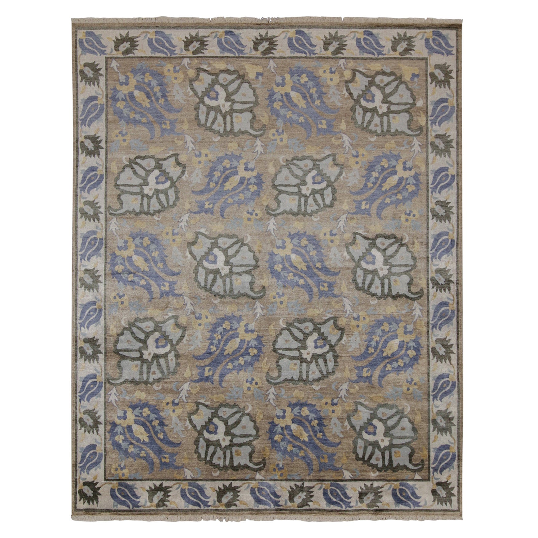 Rug & Kilim’s Classic Style Rug in Brown with Beige and Blue Floral Patterns For Sale