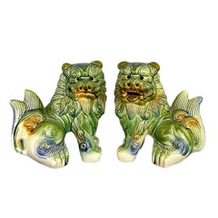 Retro Chinese Polychrome Ceramic Glaze Foo Dogs - a Pair