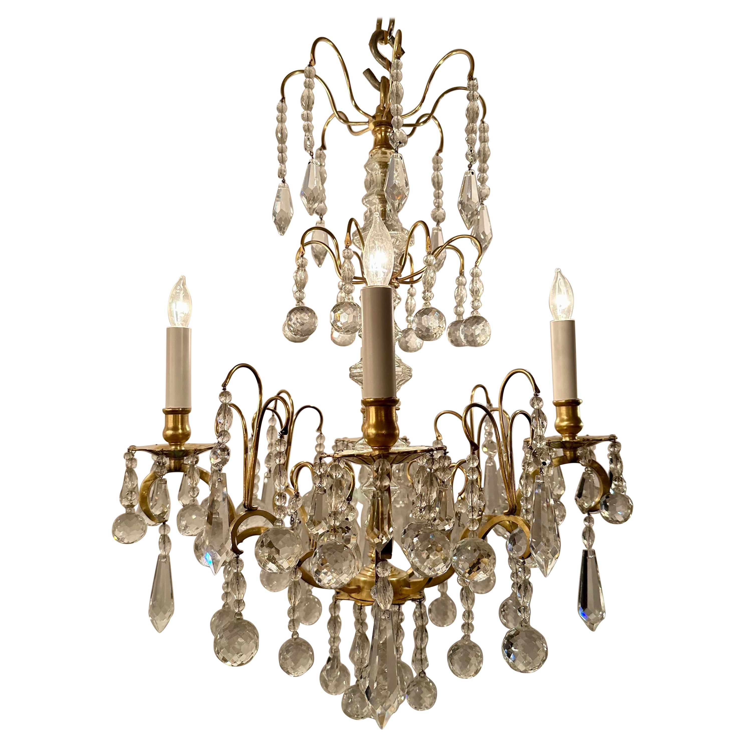 Antique French Crystal and Gold Bronze Chandelier, Circa 1910-1920.