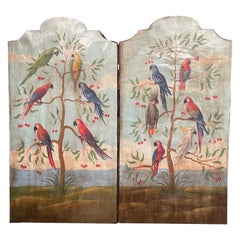 Pair of Mid-Century Italian Hand Painted Tropical Bird Panels on Canvas